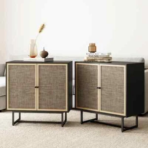 Kova 32 in. Cane Rattan Doors Accent Cabinet with Black Metal Base and Adjustabl - Picture 1 of 8