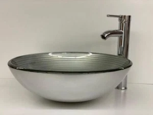Bathroom Sink Glass Round Vessel Countertop in Simply Silver with Pop-Up Drain - Picture 1 of 5