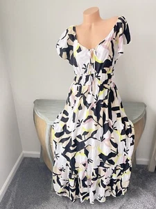 Nine West Maxi Dress XL 14-16 Womens Black White Tropical V-Neck Flutter Sleeve - Picture 1 of 12