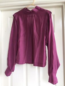 H&M Magenta Purple Funnel Neck Eighties Style Cotton Mix Blouse Eu 38 UK 10/12