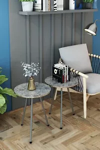 Set of 2 END Tables Marble Look Wood Round Sofa Side Table for Small Spaces - Picture 1 of 73