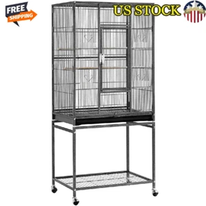 Large Metal Rolling Cage Birds Small Animals W/ Stand 4 Bowls 2 Perches New - Picture 1 of 11