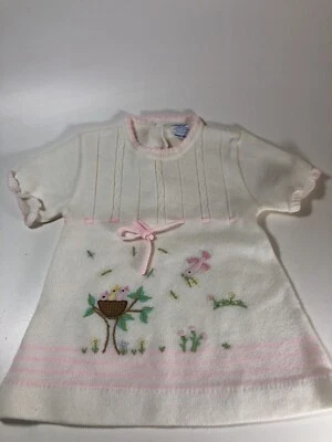 Vintage NANN-KNITS Sweater Dress Birdies in Nest Mama Bird Feed 12-18 Months - Image 1 of 4