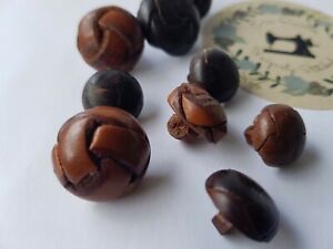 Selection of rare vintage leather shank buttons 9pcs, vary diam. col. brown,choc