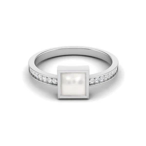 925 Sterling Silver 5MM Square Natural Pearl Solitaire Women Engagement Ring - Picture 1 of 6