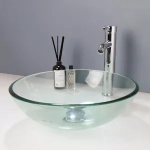 Bathroom Sink Clear Glass Vessel Sink Round Basin Bowl Combo Chrome Faucet Drain - Picture 1 of 8