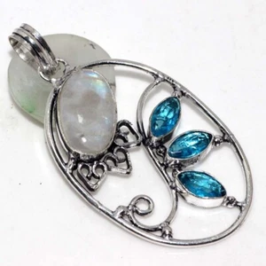 Rainbow Moonstone Blue Topaz Gemstone Pendant 2.4" Aesthetic Jewellery AU W310 - Picture 1 of 3