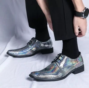 Chaussures habillées à lacets formelles pour hommes aspect peau de serpent Oxford orteils pointu bal US 10 - Photo 1/12