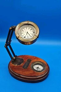 Vintage Desktop Brass Movable Nautical Marine Clock & Compass On Wood Base - Picture 1 of 5