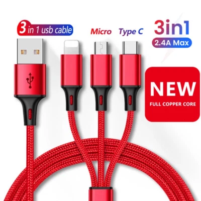 3 in 1 USB Micro Type C Fast Charging Cable Cell Phone Tablet Tab Cord Charger - Image 1 of 4