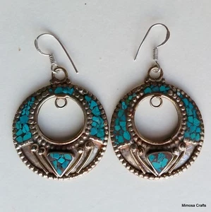 Earrings - Handmade Antique Style Turquoise Tibetan Silver Drop Dangle Earrings - Imagen 1 de 1