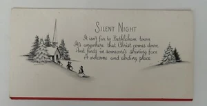 Tarjeta de Navidad vintage de mediados de siglo negra blanca plateada iglesia gente caminando - Imagen 1 de 3