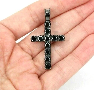 Round Cut Simulated Black Diamond Cross Pendant Chain In 14k Black Gold Plated - Изображение 1 из 4