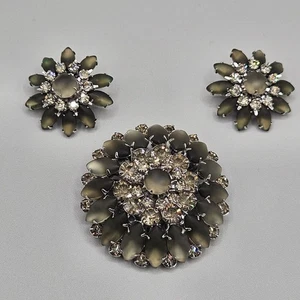 Vintage Signed Judy Lee Rhinestone Brooch & Earrings Set Jewelry Frosted Grey - Picture 1 of 9