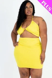 Plus Size Sexy Solid Crisscross Halter Top & Ruched Mini Skirt Set - Picture 1 of 5