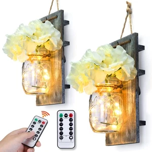 2 Pack Mason Jar Wall Light Outdoor Indoor Remote Timer Hanging LED Sconce Lamp - Picture 1 of 24