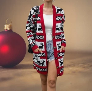 🎄Button Down  V-Neck Cotton Knit Oversized Christmas Reindeer Cardigan Size M - Picture 1 of 6
