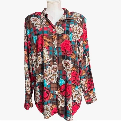 Blusa vintage para mujer Melrose con botones - cuadros, rosa y cachemira - XL Foto 1 de 4