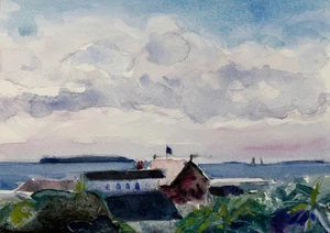 Vintage 1996 Original Rhichard Thomas Seaside Town Aquarell Gemälde Küste - Bild 1 von 4