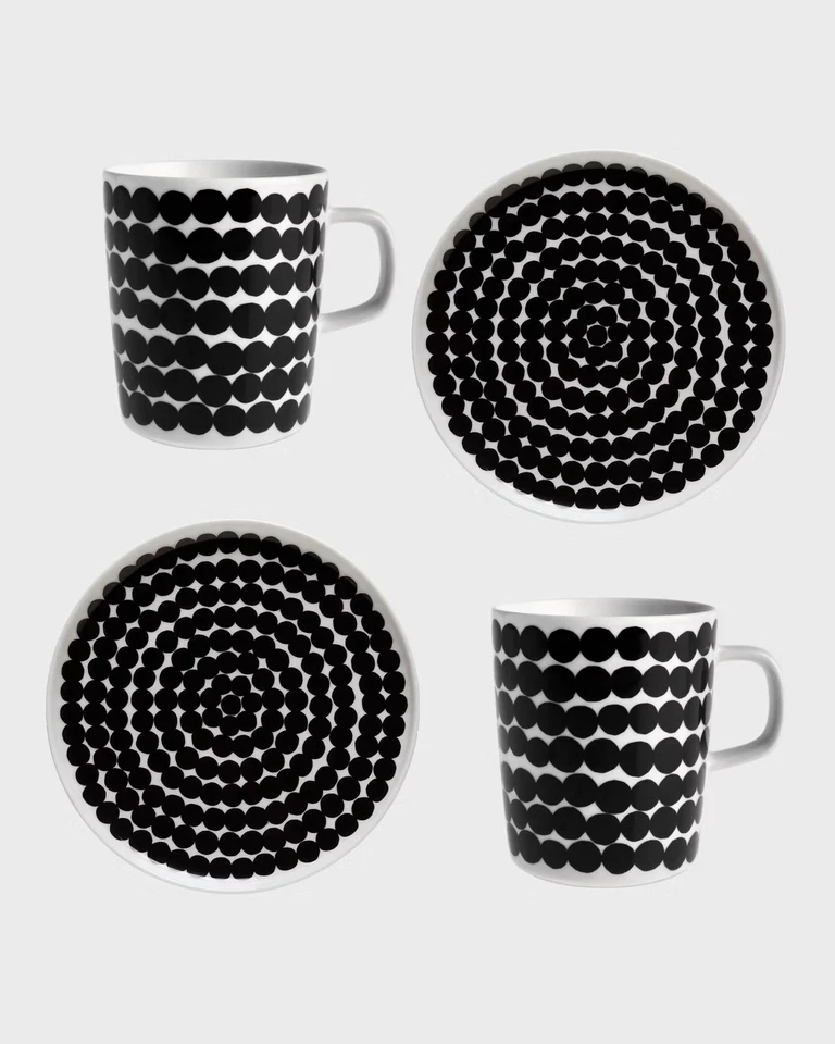 Juego de desayuno Marimekko Oiva Räsymatto en blanco y negro | 2 tazas y 2 platos Foto 1 de 4
