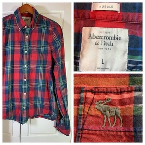 Abercrombie & Fitch Shirt Mens Large Red Blue Plaid Muscle Button Up Grunge - Picture 1 of 13