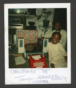 Smiling Girls Christmas Typewriter Black African American Polaroid Photo 1970s - Picture 1 of 1