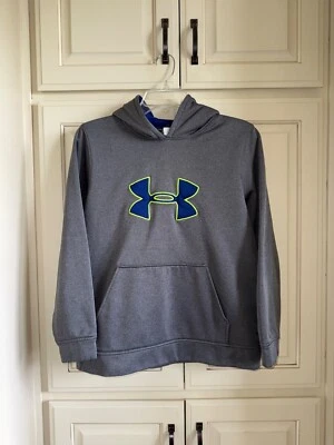 Under Armour Gray Hoodie w/Blue Logo w/Green Outline Kangaroo Pocket Sz Youth XL - Image 1 of 4