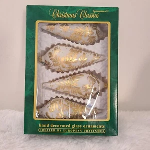 Vintage Commodore Christmas Classics 4 weiß mit goldenen Glas Träne Ornamente Rarität - Bild 1 von 3