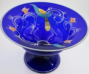 Impresionante antiguo pedestal de vidrio azul cobalto cuenco compota esmalte pintado a mano - Imagen 1 de 8