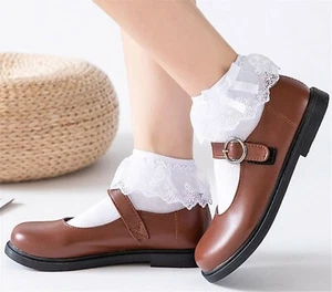 Women Girl Embroidery Pure White Ankle Ruffle Frilly Short Lace Cotton Socks Bow - Picture 1 of 12