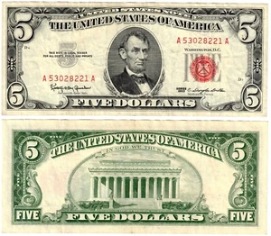 1963 USA United States Notes 5 Dollar Banknote P383 Red Seal Circulated re - Picture 1 of 1