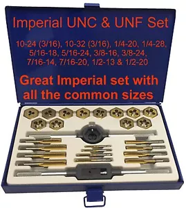Imperial UNC UNF Tap and Die Set 3/16 1/4 5/16 3/8 7/16 1/2 Kit en caja Taps SAE - Imagen 1 de 4
