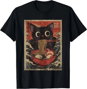 Kawaii Cat Graphic Tee Funny Cat Ramen Japanese Anime T-Shirt - Picture 1 of 5