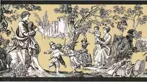 * Black Tan Colonial Toile Victorian Wallpaper Border ROSEDALE WPB356-0 - Picture 1 of 1