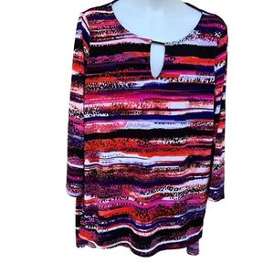 DANA BUCHMAN Abstract 3/4 Sleeve pullover Shirt Top Blouse M hi low bright color - Picture 1 of 7