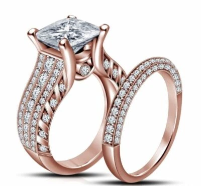 3.34ct White Princess Diamond Bridal Set Rose Gold Rhodium Ring Lab Created - Image 1 of 4