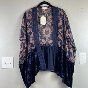 Altar'd State Blumen Kimono dunkelblau Samt Cardigan durchsichtig S Small neu mit Etikett - Bild 1 von 6