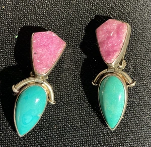 Orecchini Vintage Sterling 925 DARLA Nordstrom Clip Rosa Druzy e Turchese - Foto 1 di 5