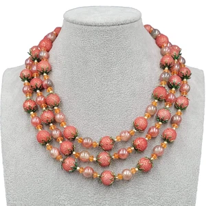 Vintage Erdbeere Perlenkette dreifach Strang goldfarben Unikat Hongkong - Bild 1 von 8