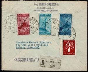 1947 RACCOMANDATA AEREA DA MILANO A AMIENS P.A. RADIO 3 V. + SVIZZERA EXPO 1939 - Imagen 1 de 2