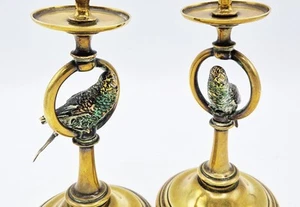 FINE VICTORIAN COLD PAINTED BRONZE PARROT MOUNTED BRASS CANDLESTICKS c1890 - Picture 1 of 9