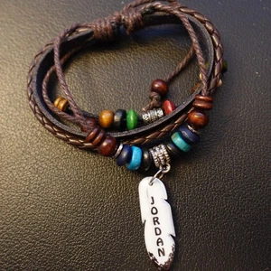 Jordan Personalized Boho Bracelet Brown Leather Stack Hippie Indie Name Gift - Picture 1 of 5