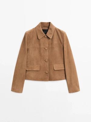 Chaqueta corta corta informal de cuero de gamuza real marrón suave para mujer Foto 1 de 4