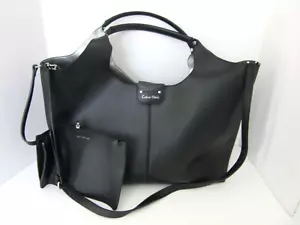 OVERSIZED CALVIN KLEIN TOTE BLACK FAUX PEPPLED LEATHER with MATCHING POUCH - Picture 1 of 14