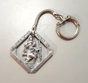 St Christopher Protect Us Metal Square Key Ring Pendant Medal Italy Vintage - Picture 1 of 7