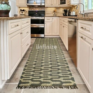 Bohemian Long Wool Jute Runner Rug 30x96" Handmade Kilim Style Farmhouse Carpet - Picture 1 of 4