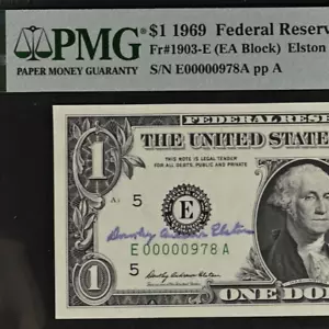 1969 $1 FRN PMG 65EPQ - Treasurer Eleston Autograph - Low Serial Number 00000978 - Picture 1 of 3