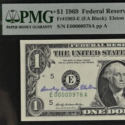 1969 $1 FRN PMG 65EPQ - Treasurer Eleston Autograph - Low Serial Number 00000978 - Image 1 of 3