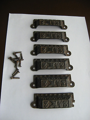 6 Antique Matching Eastlake Iron Hardware Drawer Pulls W/ Screws • 26.72$