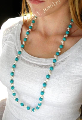 55cm Beautiful Design natural turquoise South Sea white pearl Necklace 14k GP - Image 1 of 4